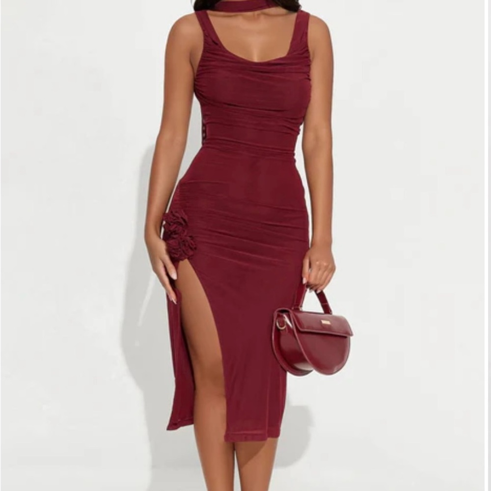 Fashion Nova Red Ruched Cowl Neck Bodycon Midi Dress